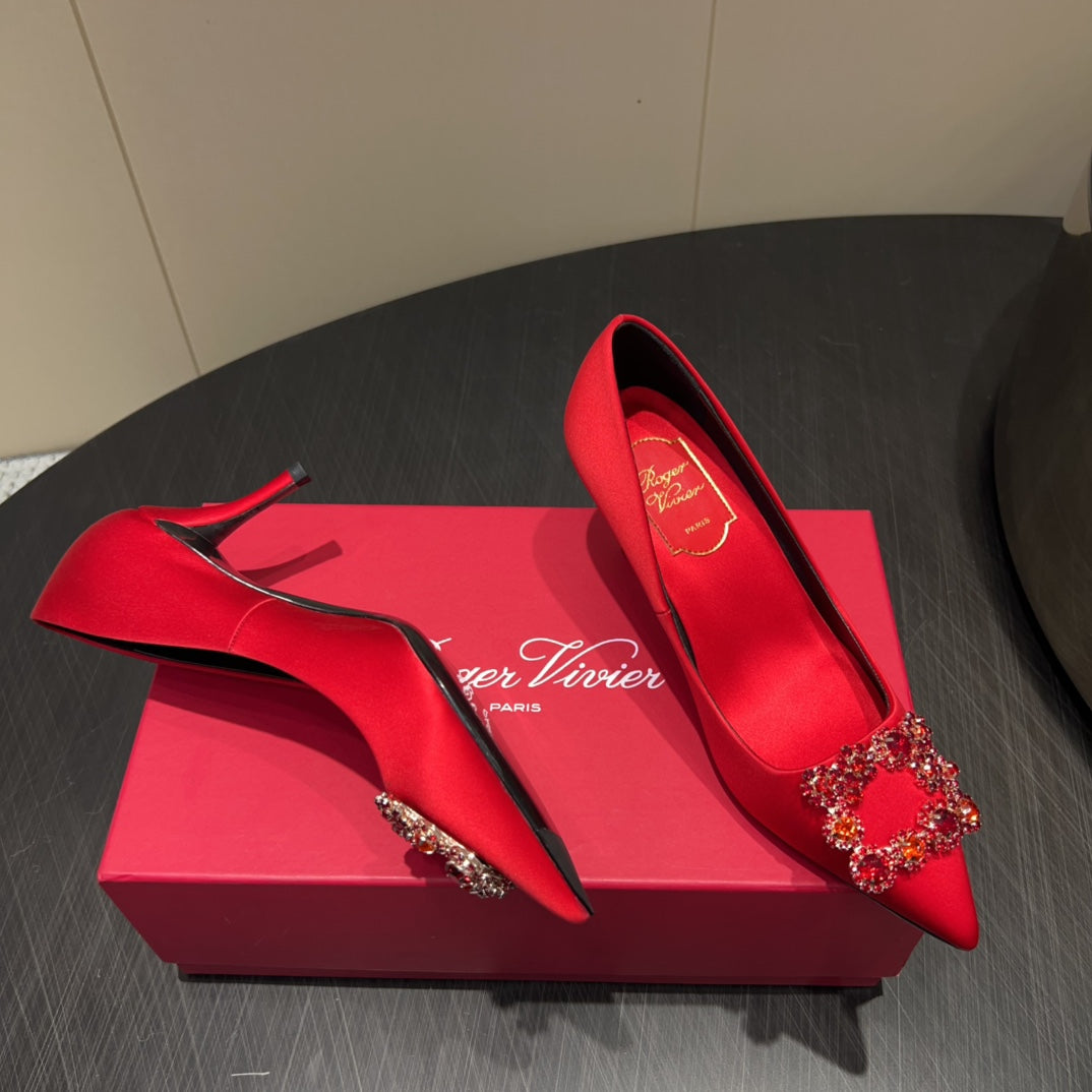ROGER VIVIER 25S POINTED TOE HIGH HEELS 70MM IN BRIGHT RED SILK EMBELLISHED CRYSTALS