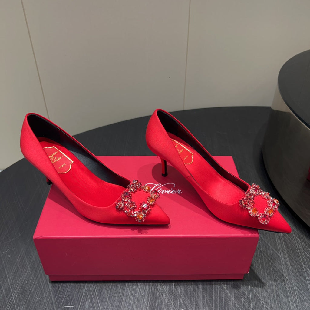 ROGER VIVIER 25S POINTED TOE HIGH HEELS 70MM IN BRIGHT RED SILK EMBELLISHED CRYSTALS