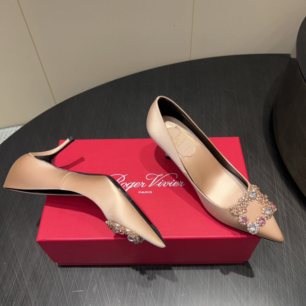 ROGER VIVIER 25S POINTED TOE HIGH HEELS 70MM IN DARK NUDE SILK EMBELLISHED CRYSTALS