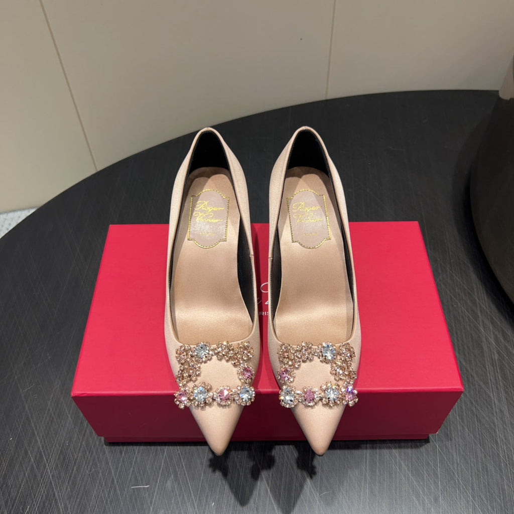 ROGER VIVIER 25S POINTED TOE HIGH HEELS 70MM IN DARK NUDE SILK EMBELLISHED CRYSTALS