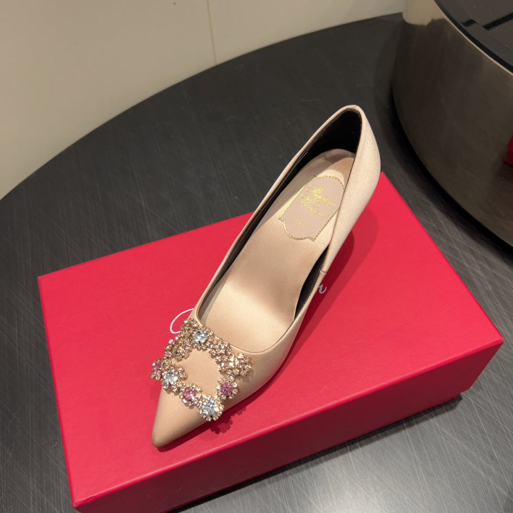 ROGER VIVIER 25S POINTED TOE HIGH HEELS 70MM IN DARK NUDE SILK EMBELLISHED CRYSTALS