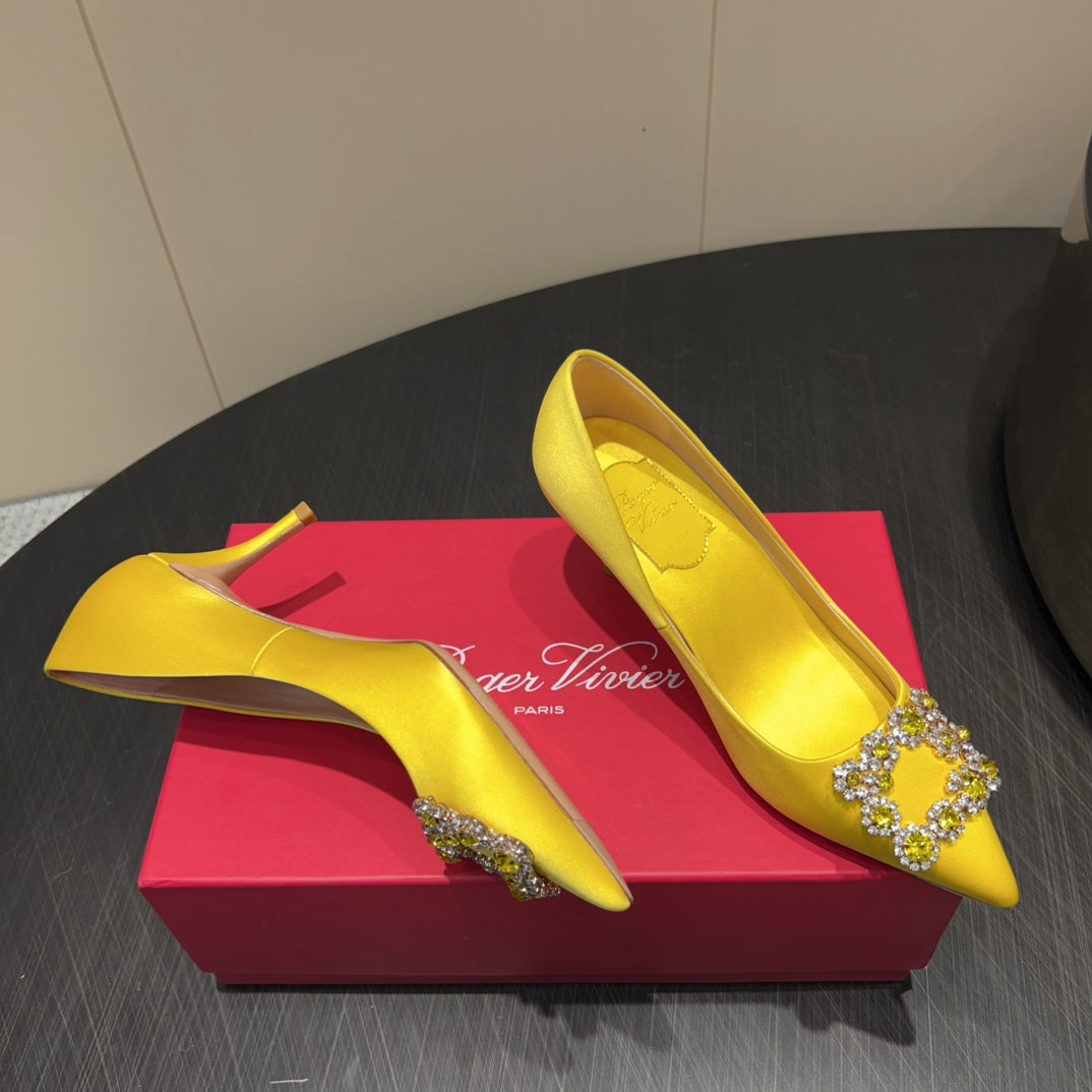 ROGER VIVIER 25S POINTED TOE HIGH HEELS 70MM IN BRIGHT YELLOW SILK EMBELLISHED CRYSTALS