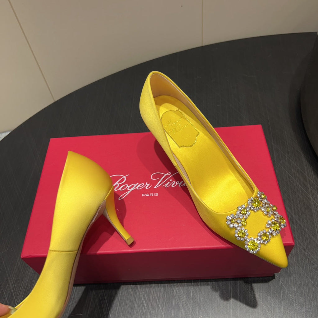 ROGER VIVIER 25S POINTED TOE HIGH HEELS 70MM IN BRIGHT YELLOW SILK EMBELLISHED CRYSTALS