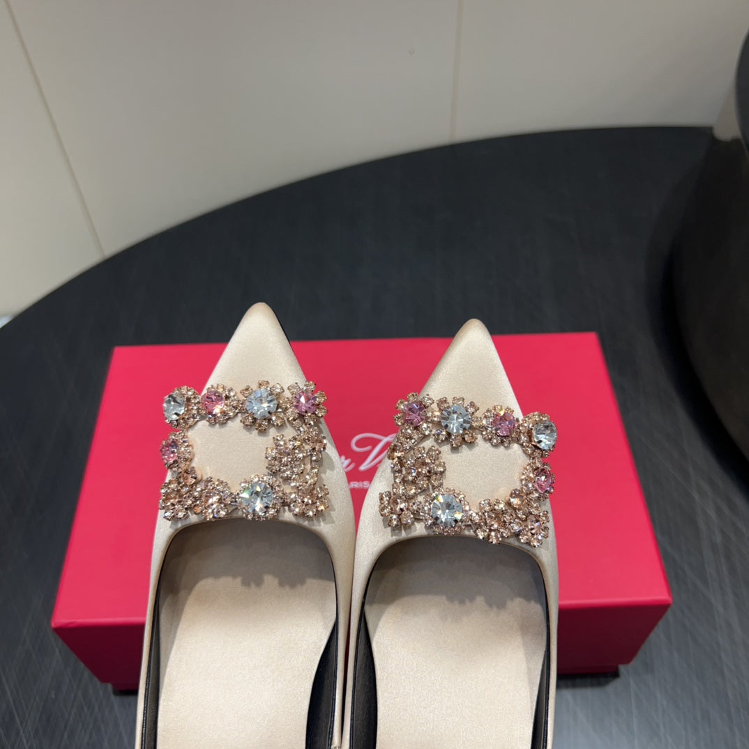ROGER VIVIER 25S POINTED TOE HIGH HEELS 70MM IN NUDE SILK EMBELLISHED CRYSTALS