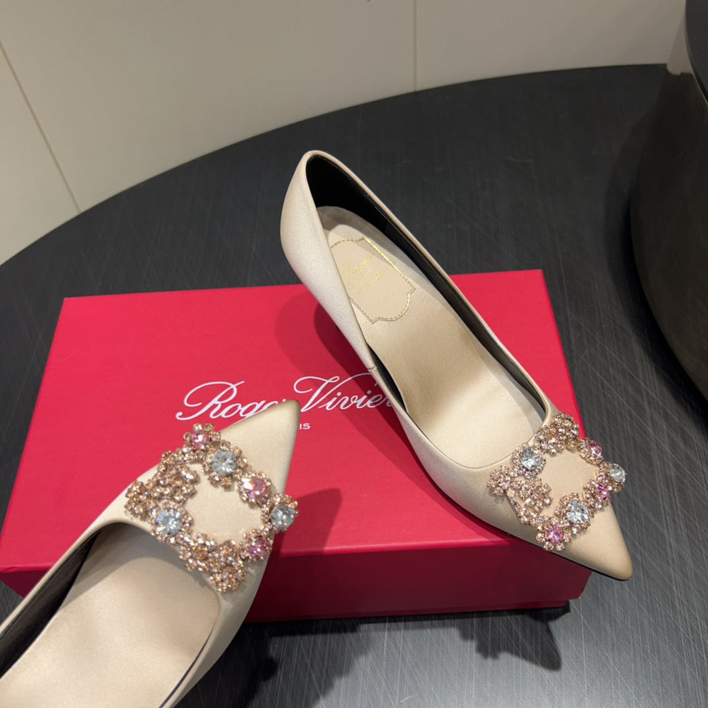 ROGER VIVIER 25S POINTED TOE HIGH HEELS 70MM IN NUDE SILK EMBELLISHED CRYSTALS