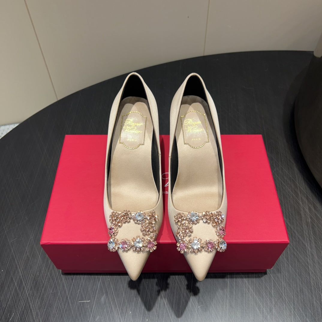 ROGER VIVIER 25S POINTED TOE HIGH HEELS 70MM IN NUDE SILK EMBELLISHED CRYSTALS