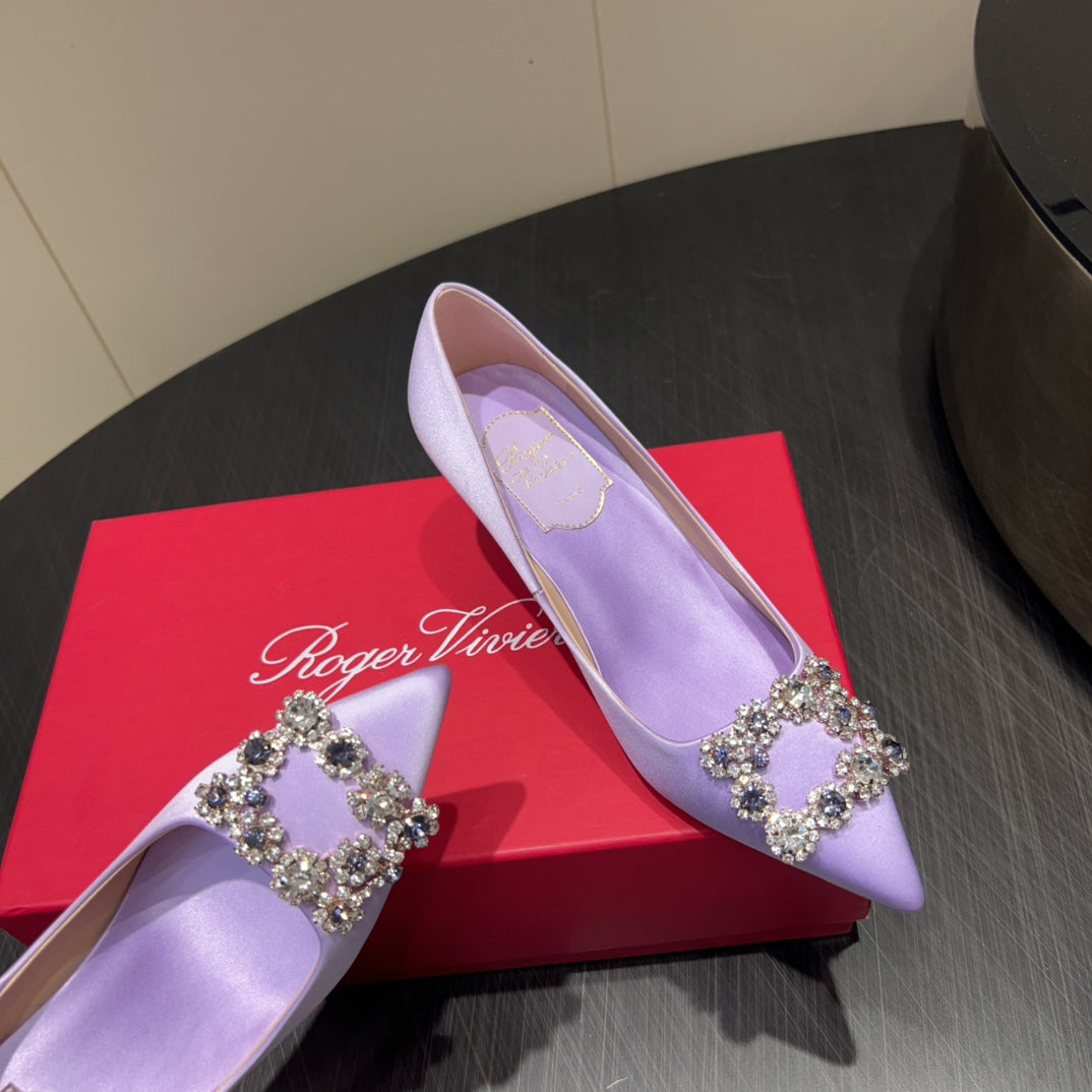 ROGER VIVIER 25S POINTED TOE HIGH HEELS 70MM IN LAVENDER SILK EMBELLISHED CRYSTALS
