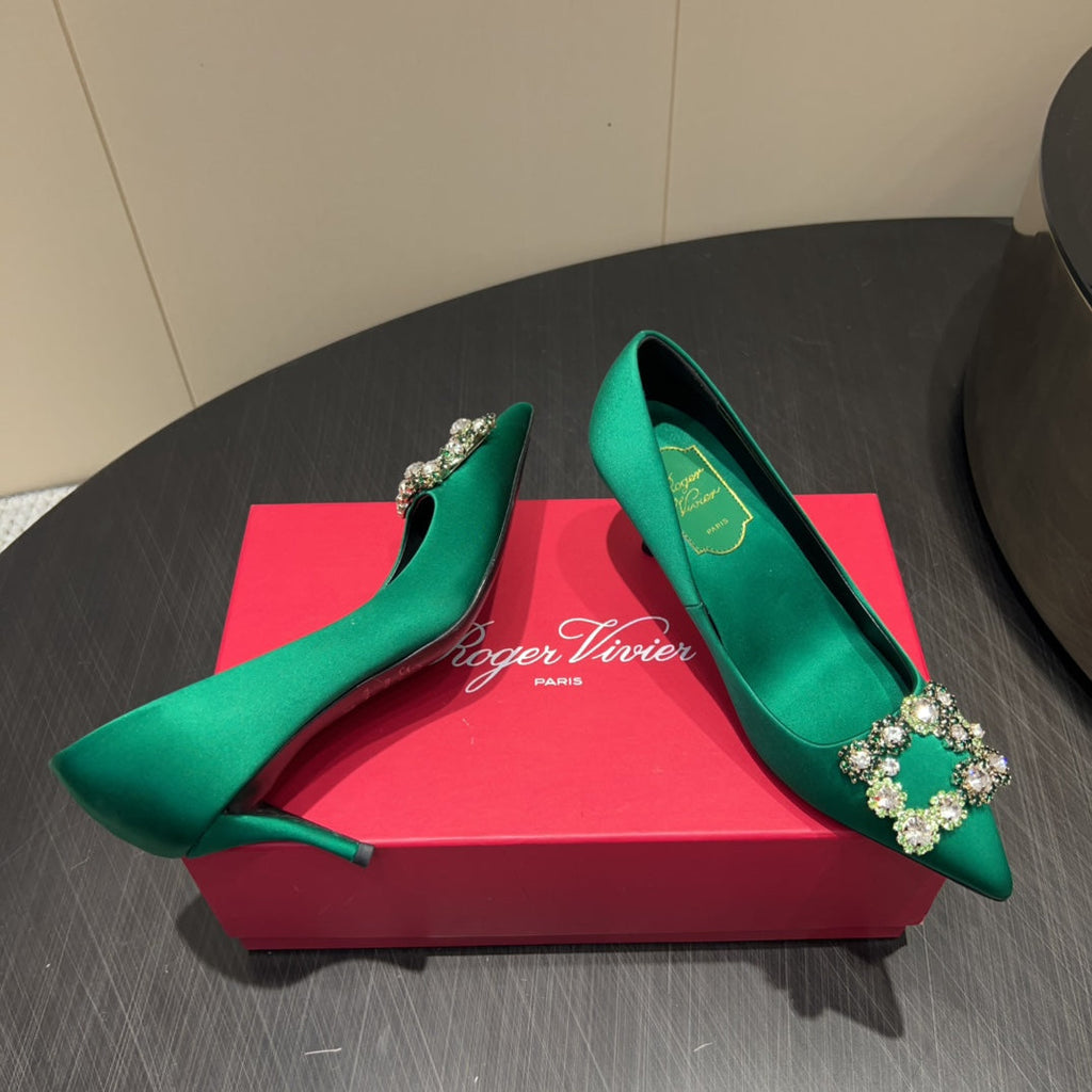 ROGER VIVIER 25S POINTED TOE HIGH HEELS 70MM IN TEAL GREEN SILK EMBELLISHED CRYSTALS