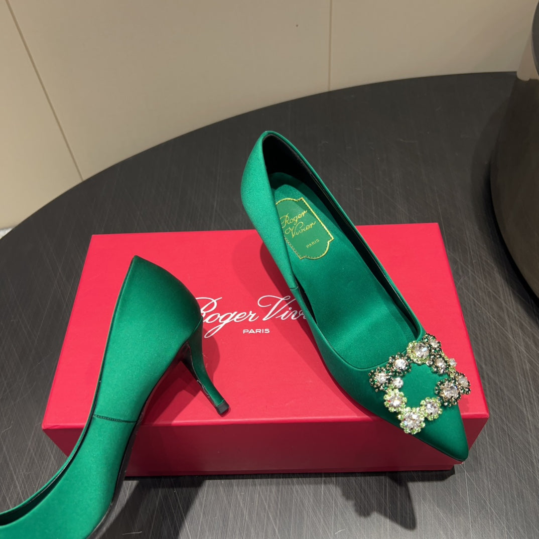 ROGER VIVIER 25S POINTED TOE HIGH HEELS 70MM IN TEAL GREEN SILK EMBELLISHED CRYSTALS