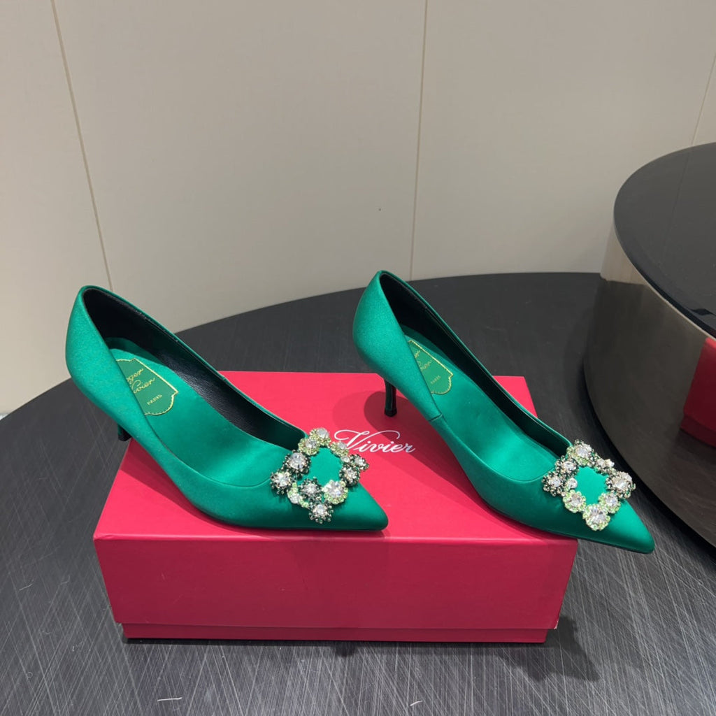 ROGER VIVIER 25S POINTED TOE HIGH HEELS 70MM IN TEAL GREEN SILK EMBELLISHED CRYSTALS