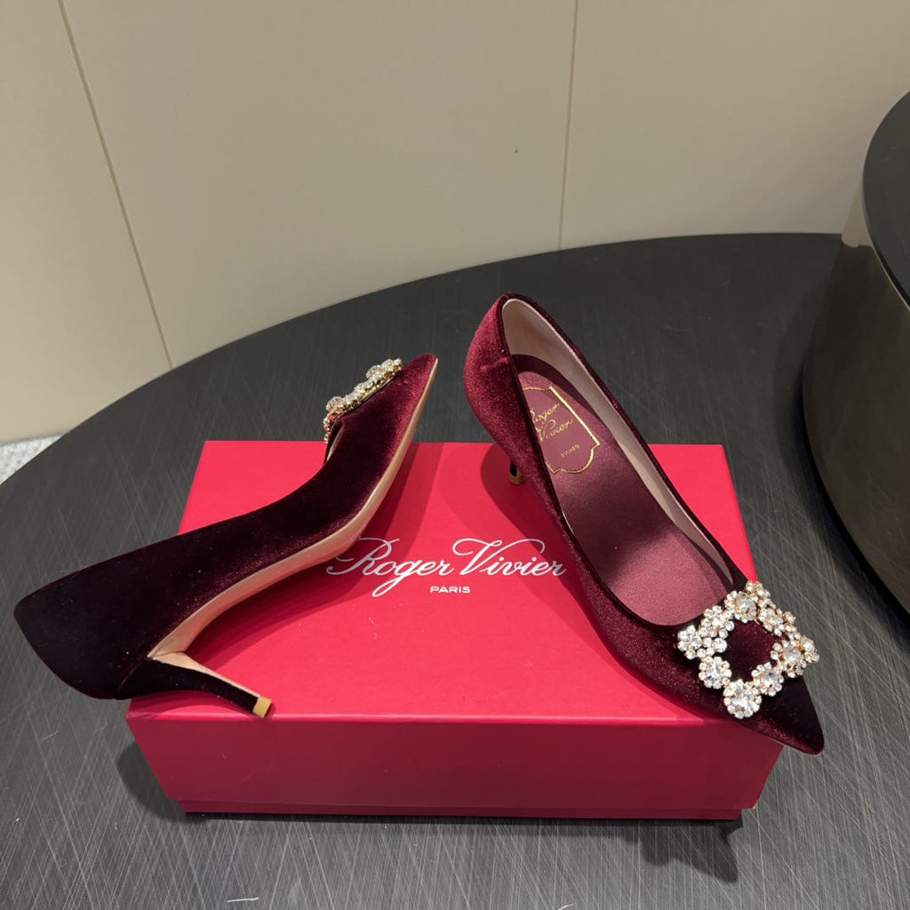 ROGER VIVIER 25S POINTED TOE HIGH HEELS 70MM IN WINE RED VELVET EMBELLISHED CRYSTALS