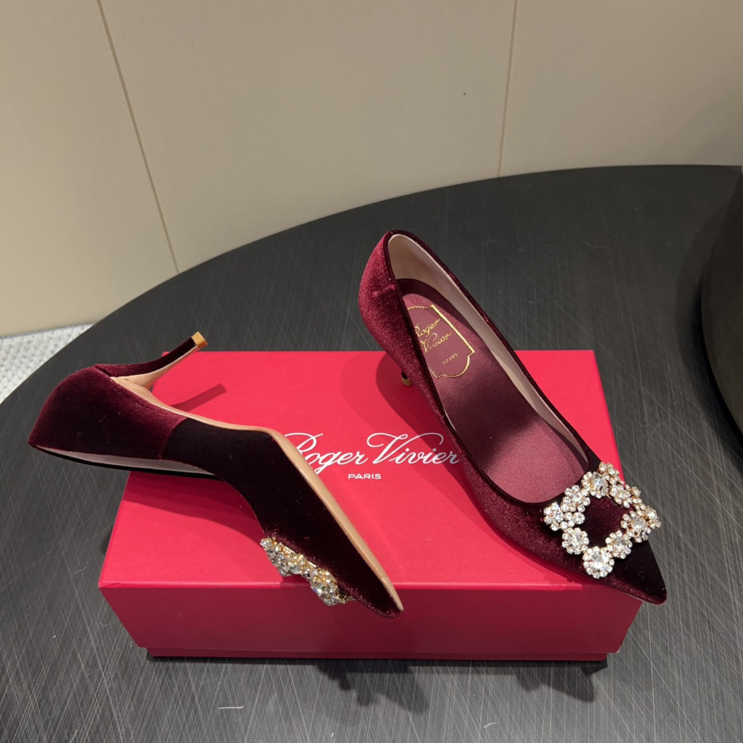 ROGER VIVIER 25S POINTED TOE HIGH HEELS 70MM IN WINE RED VELVET EMBELLISHED CRYSTALS