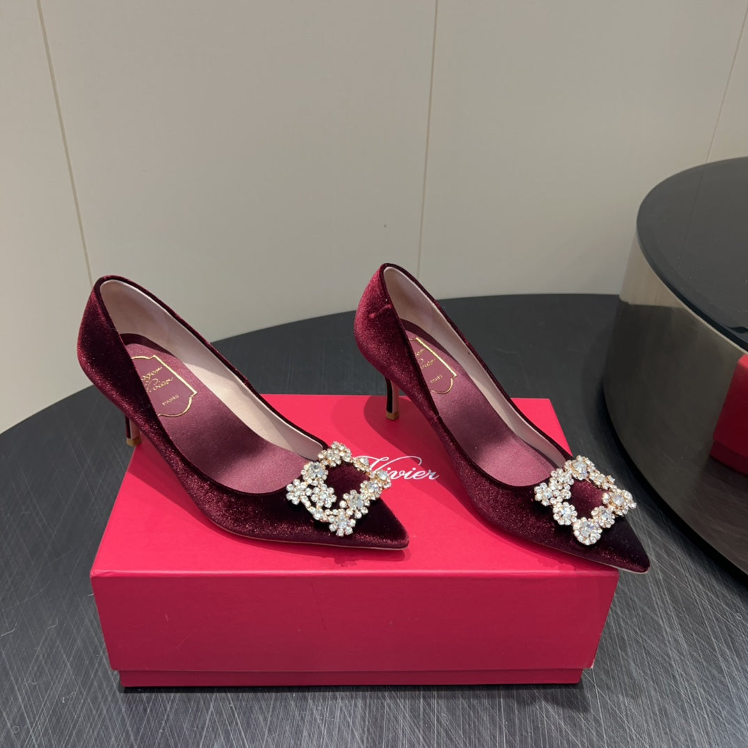 ROGER VIVIER 25S POINTED TOE HIGH HEELS 70MM IN WINE RED VELVET EMBELLISHED CRYSTALS