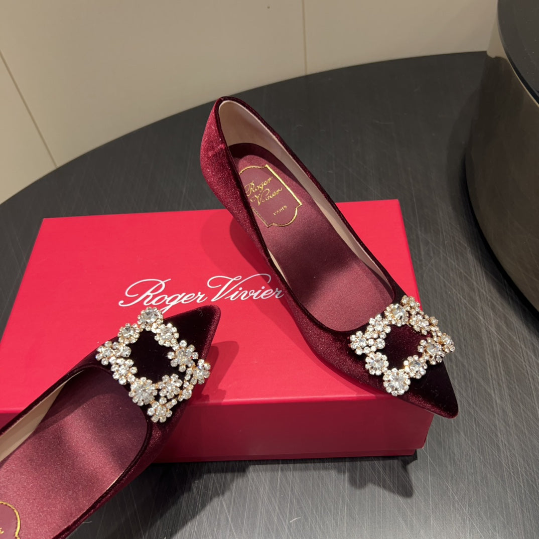 ROGER VIVIER 25S POINTED TOE HIGH HEELS 70MM IN WINE RED VELVET EMBELLISHED CRYSTALS