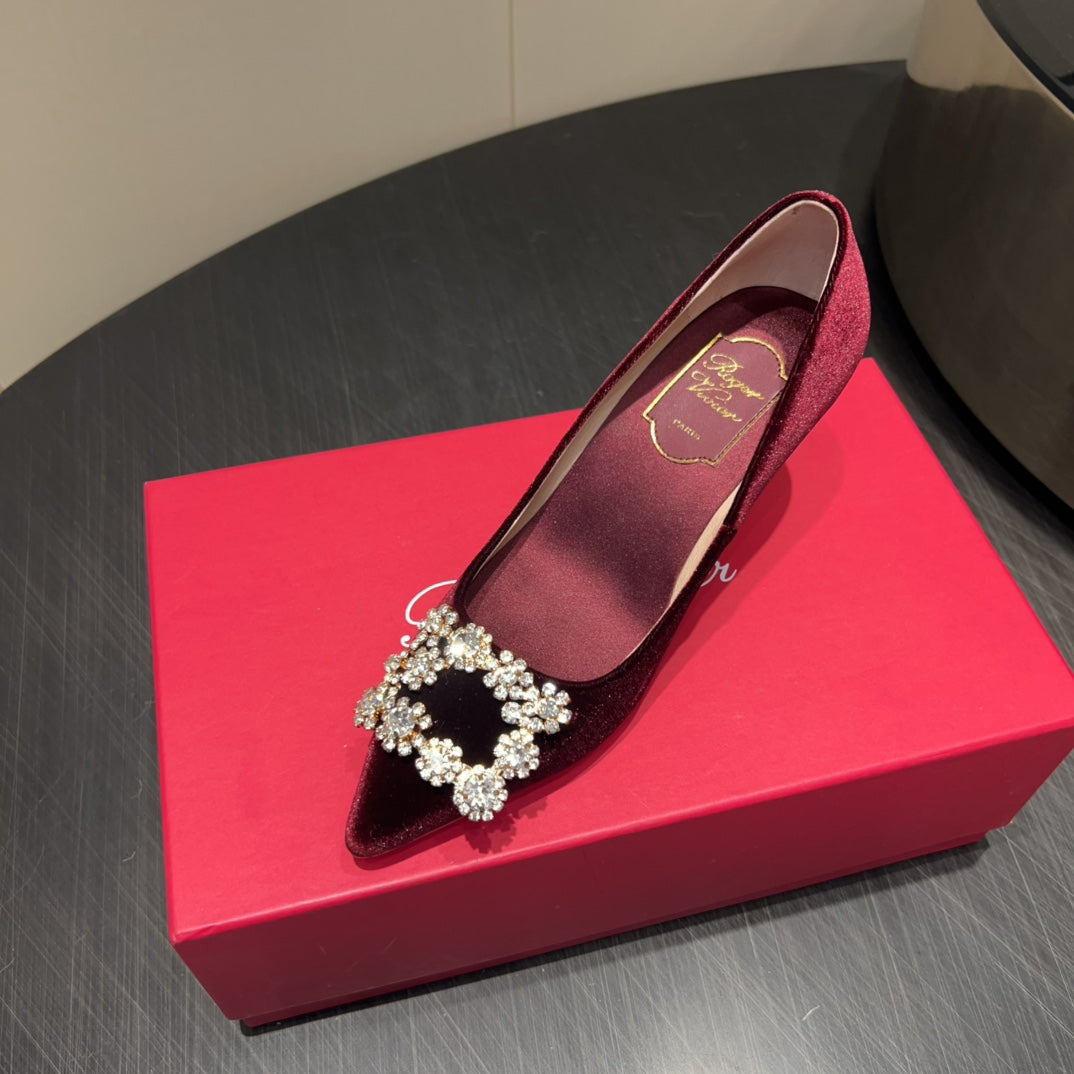 ROGER VIVIER 25S POINTED TOE HIGH HEELS 70MM IN WINE RED VELVET EMBELLISHED CRYSTALS