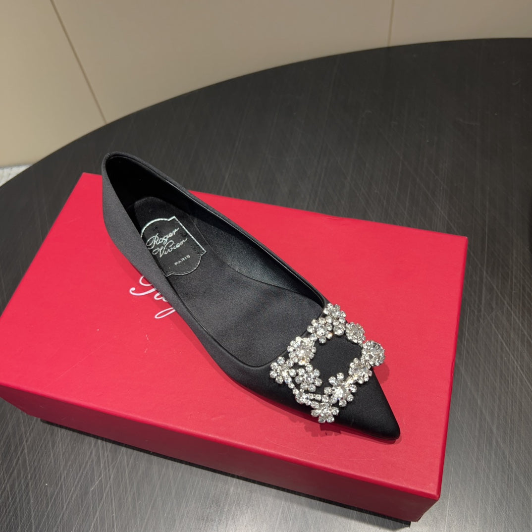ROGER VIVIER 25S GRETE BALLET FLATS IN BLACK SILK WITH EMBELLISHED CRYSTALS