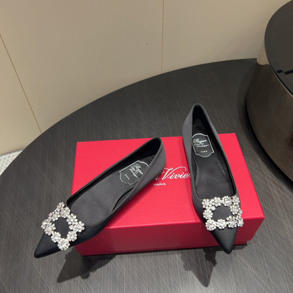 ROGER VIVIER 25S GRETE BALLET FLATS IN BLACK SILK WITH EMBELLISHED CRYSTALS