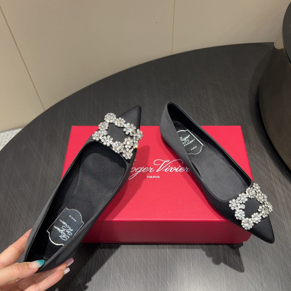 ROGER VIVIER 25S GRETE BALLET FLATS IN BLACK SILK WITH EMBELLISHED CRYSTALS