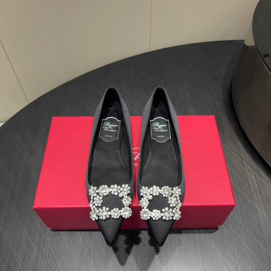ROGER VIVIER 25S GRETE BALLET FLATS IN BLACK SILK WITH EMBELLISHED CRYSTALS