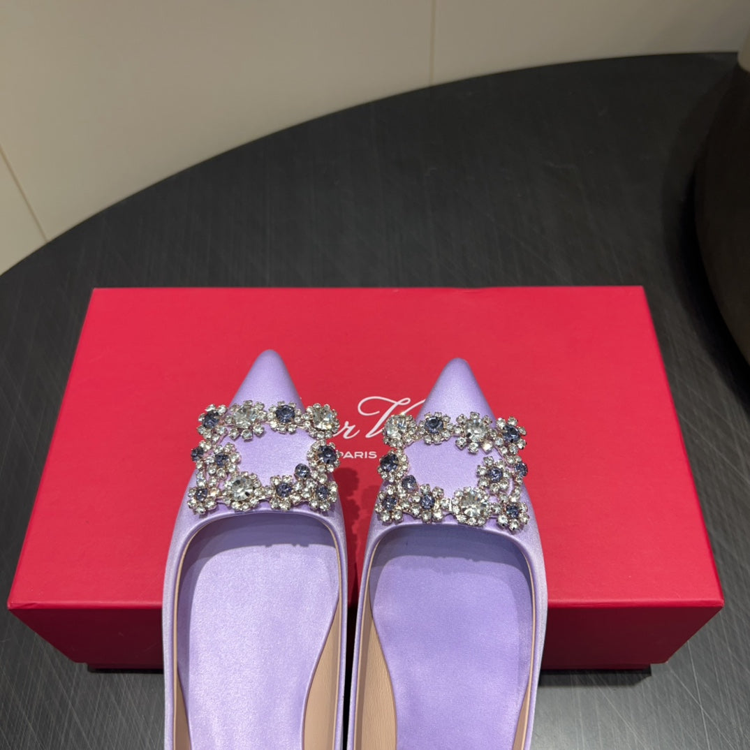 ROGER VIVIER 25S GRETE BALLET FLATS IN LAVENDER SILK WITH EMBELLISHED CRYSTALS