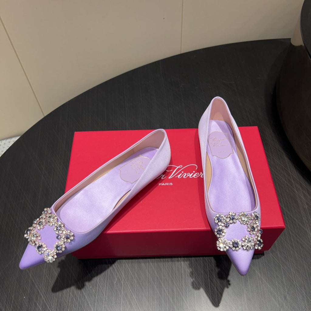 ROGER VIVIER 25S GRETE BALLET FLATS IN LAVENDER SILK WITH EMBELLISHED CRYSTALS
