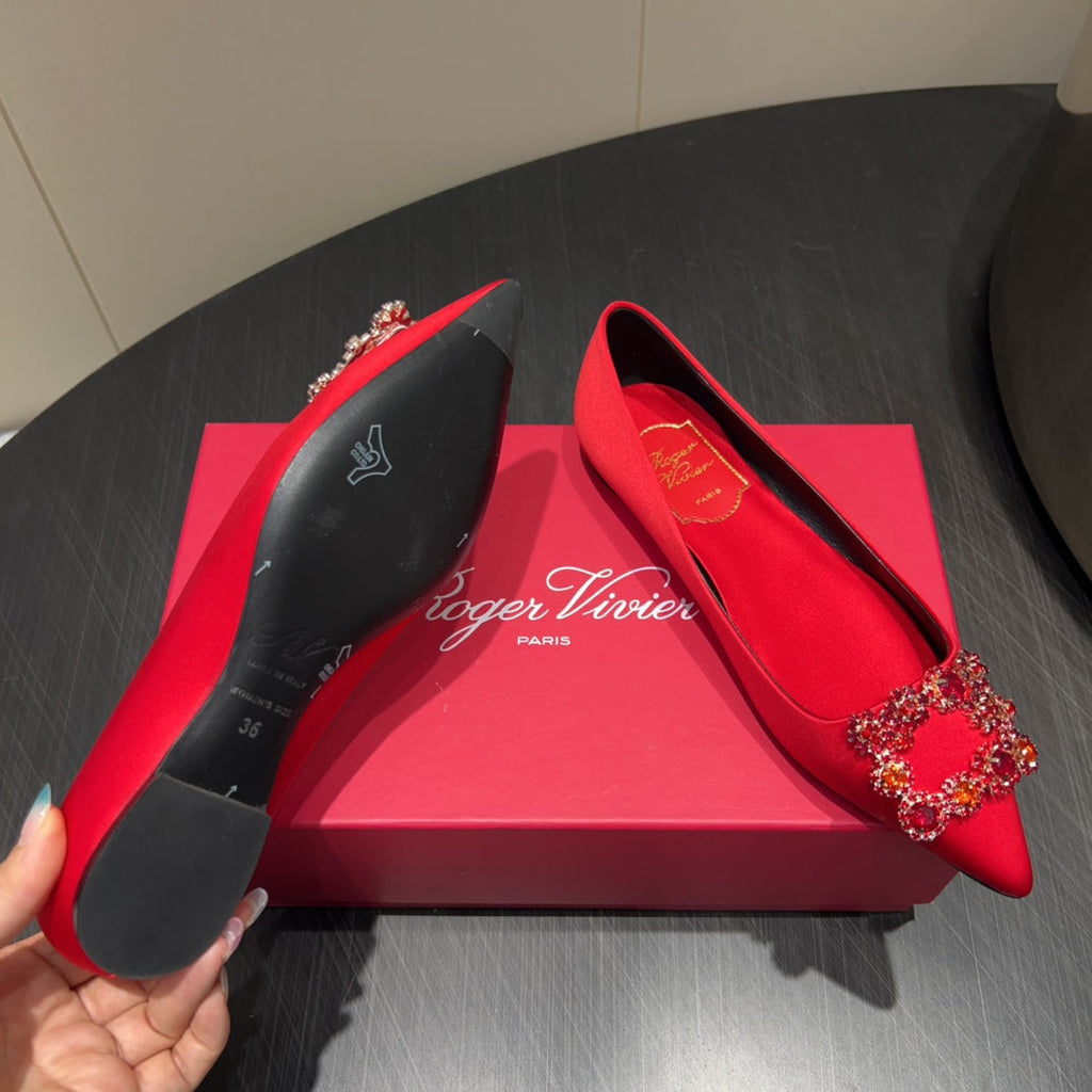 ROGER VIVIER 25S GRETE BALLET FLATS IN BRIGHT RED SILK WITH EMBELLISHED CRYSTALS