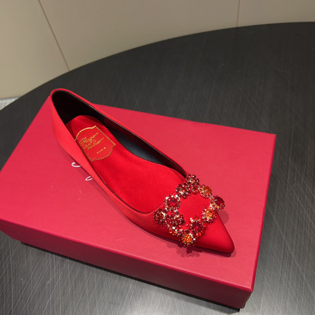 ROGER VIVIER 25S GRETE BALLET FLATS IN BRIGHT RED SILK WITH EMBELLISHED CRYSTALS