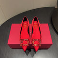 ROGER VIVIER 25S GRETE BALLET FLATS IN BRIGHT RED SILK WITH EMBELLISHED CRYSTALS