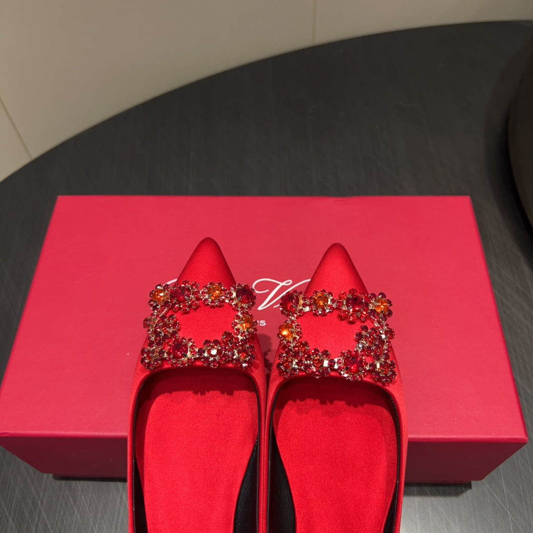 ROGER VIVIER 25S GRETE BALLET FLATS IN BRIGHT RED SILK WITH EMBELLISHED CRYSTALS