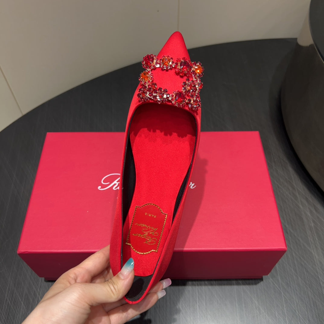 ROGER VIVIER 25S GRETE BALLET FLATS IN BRIGHT RED SILK WITH EMBELLISHED CRYSTALS