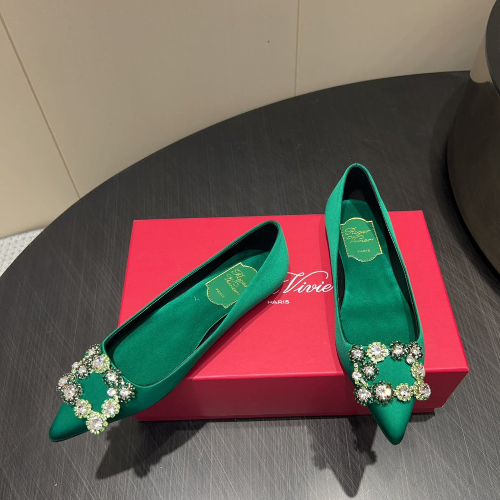 ROGER VIVIER 25S GRETE BALLET FLATS IN TEAL GREEN SILK WITH EMBELLISHED CRYSTALS
