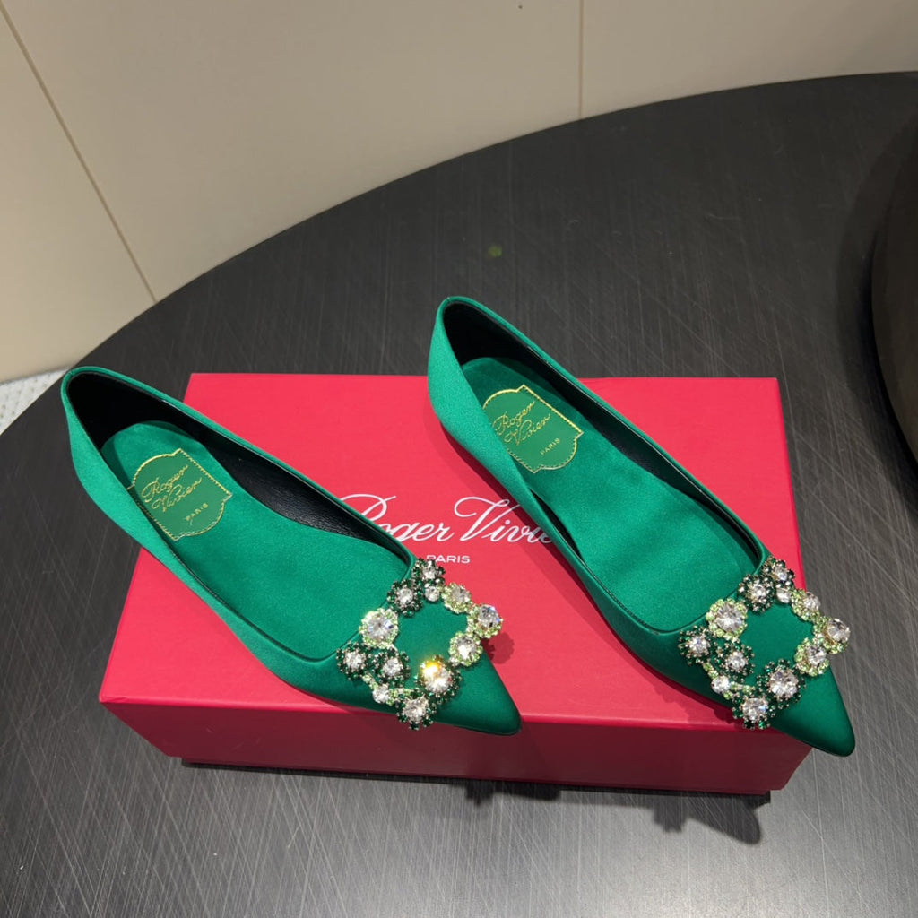ROGER VIVIER 25S GRETE BALLET FLATS IN TEAL GREEN SILK WITH EMBELLISHED CRYSTALS