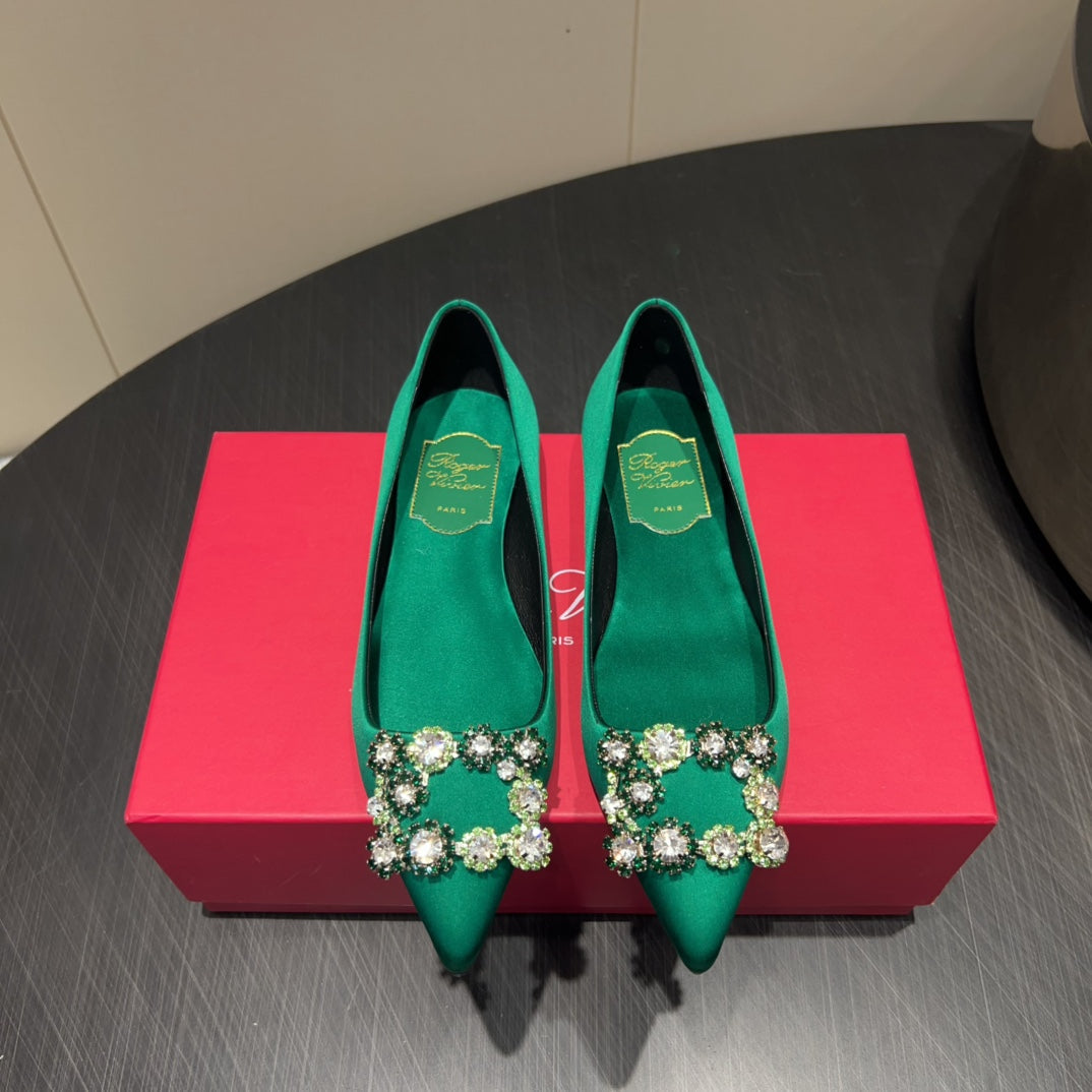 ROGER VIVIER 25S GRETE BALLET FLATS IN TEAL GREEN SILK WITH EMBELLISHED CRYSTALS