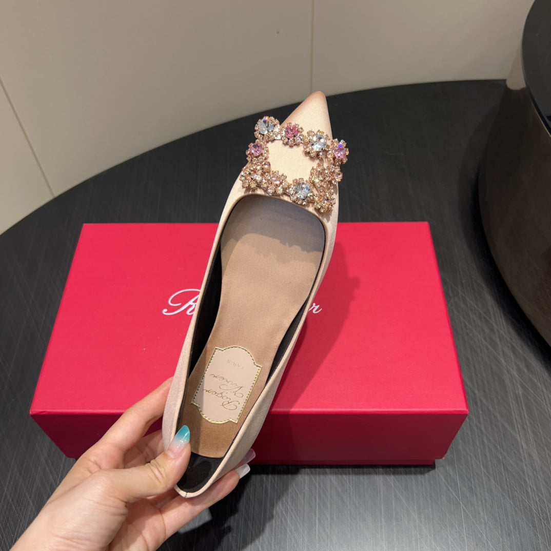 ROGER VIVIER 25S GRETE BALLET FLATS IN DARK NUDE SILK WITH EMBELLISHED CRYSTALS