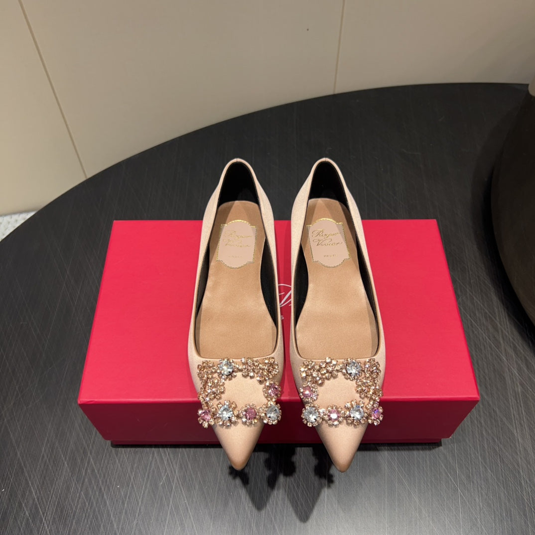 ROGER VIVIER 25S GRETE BALLET FLATS IN DARK NUDE SILK WITH EMBELLISHED CRYSTALS