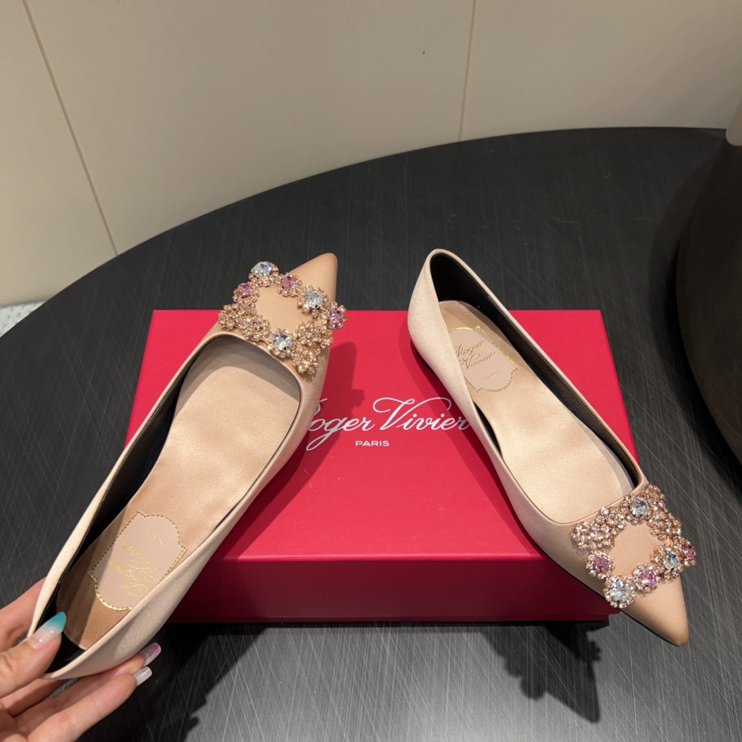 ROGER VIVIER 25S GRETE BALLET FLATS IN DARK NUDE SILK WITH EMBELLISHED CRYSTALS