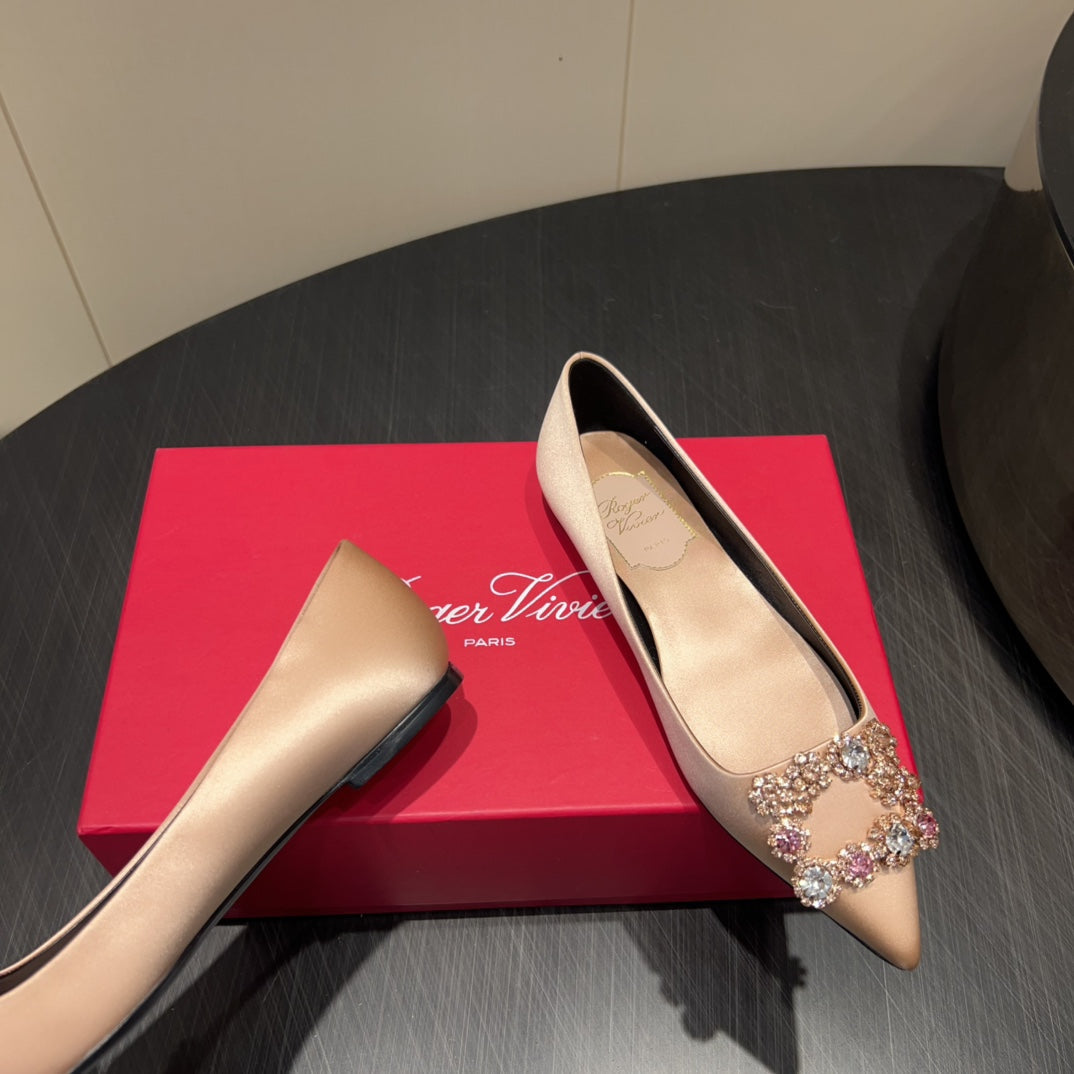 ROGER VIVIER 25S GRETE BALLET FLATS IN DARK NUDE SILK WITH EMBELLISHED CRYSTALS