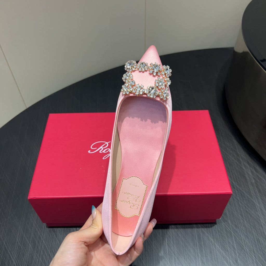 ROGER VIVIER 25S GRETE BALLET FLATS IN BABY PINK SILK WITH EMBELLISHED CRYSTALS