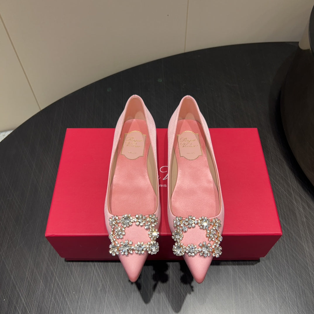ROGER VIVIER 25S GRETE BALLET FLATS IN BABY PINK SILK WITH EMBELLISHED CRYSTALS