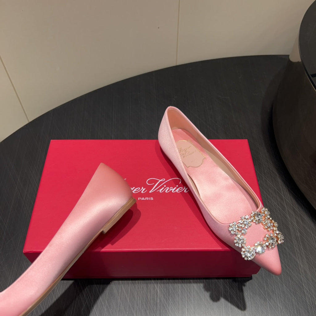 ROGER VIVIER 25S GRETE BALLET FLATS IN BABY PINK SILK WITH EMBELLISHED CRYSTALS