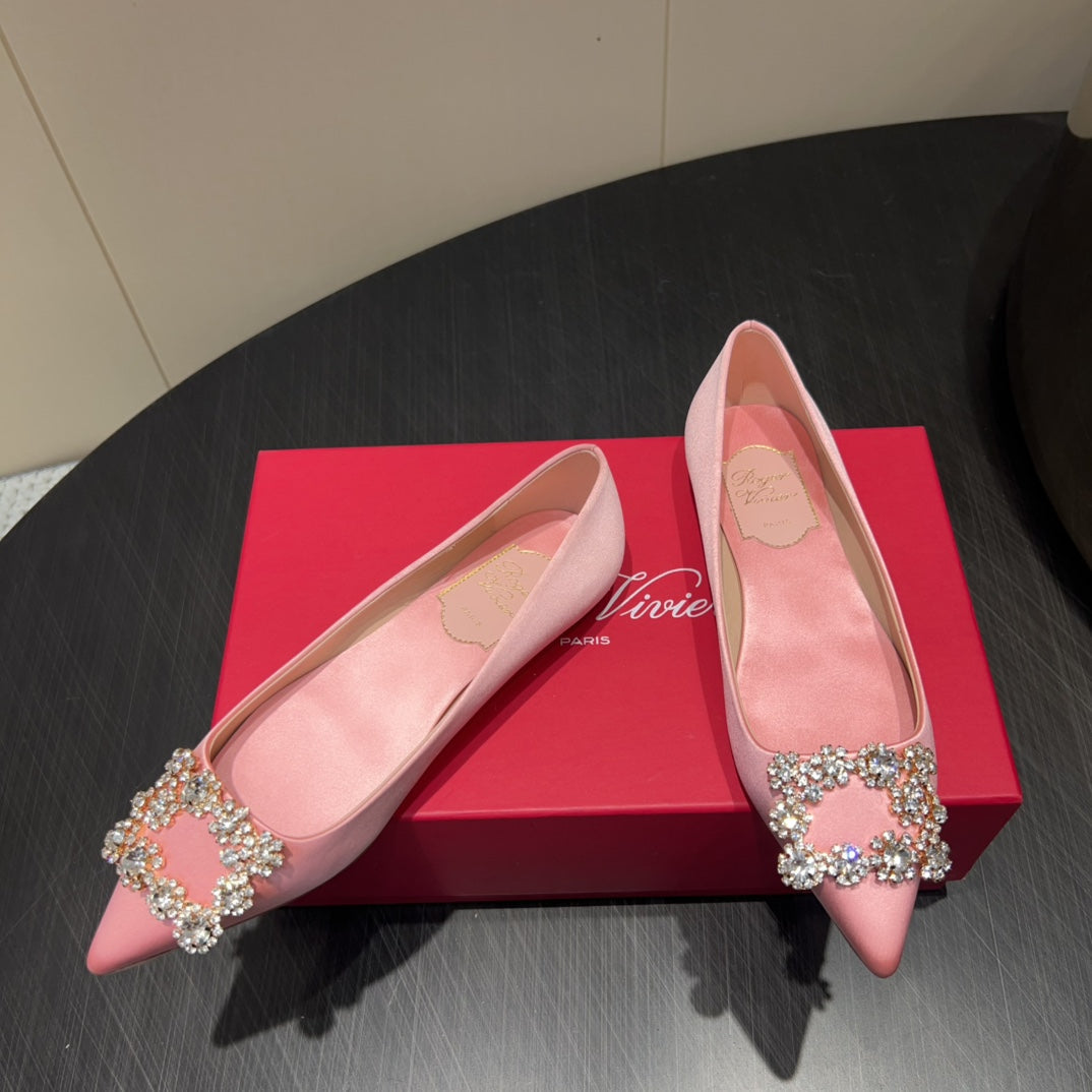 ROGER VIVIER 25S GRETE BALLET FLATS IN BABY PINK SILK WITH EMBELLISHED CRYSTALS