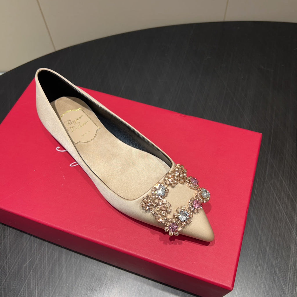 ROGER VIVIER 25S GRETE BALLET FLATS IN NUDE SILK WITH EMBELLISHED CRYSTALS