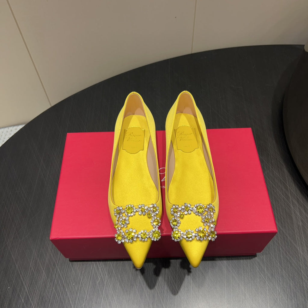 ROGER VIVIER 25S GRETE BALLET FLATS IN BRIGHT YELLOW SILK WITH EMBELLISHED CRYSTALS
