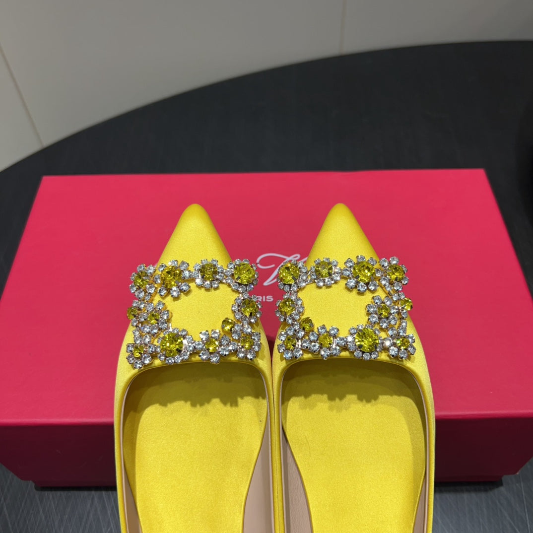 ROGER VIVIER 25S GRETE BALLET FLATS IN BRIGHT YELLOW SILK WITH EMBELLISHED CRYSTALS