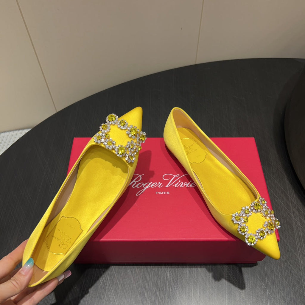 ROGER VIVIER 25S GRETE BALLET FLATS IN BRIGHT YELLOW SILK WITH EMBELLISHED CRYSTALS