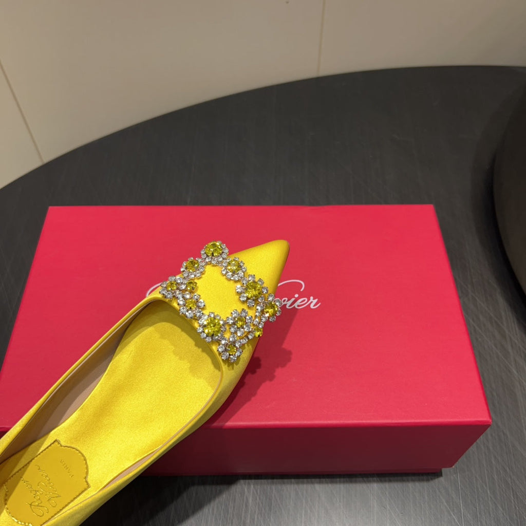ROGER VIVIER 25S GRETE BALLET FLATS IN BRIGHT YELLOW SILK WITH EMBELLISHED CRYSTALS