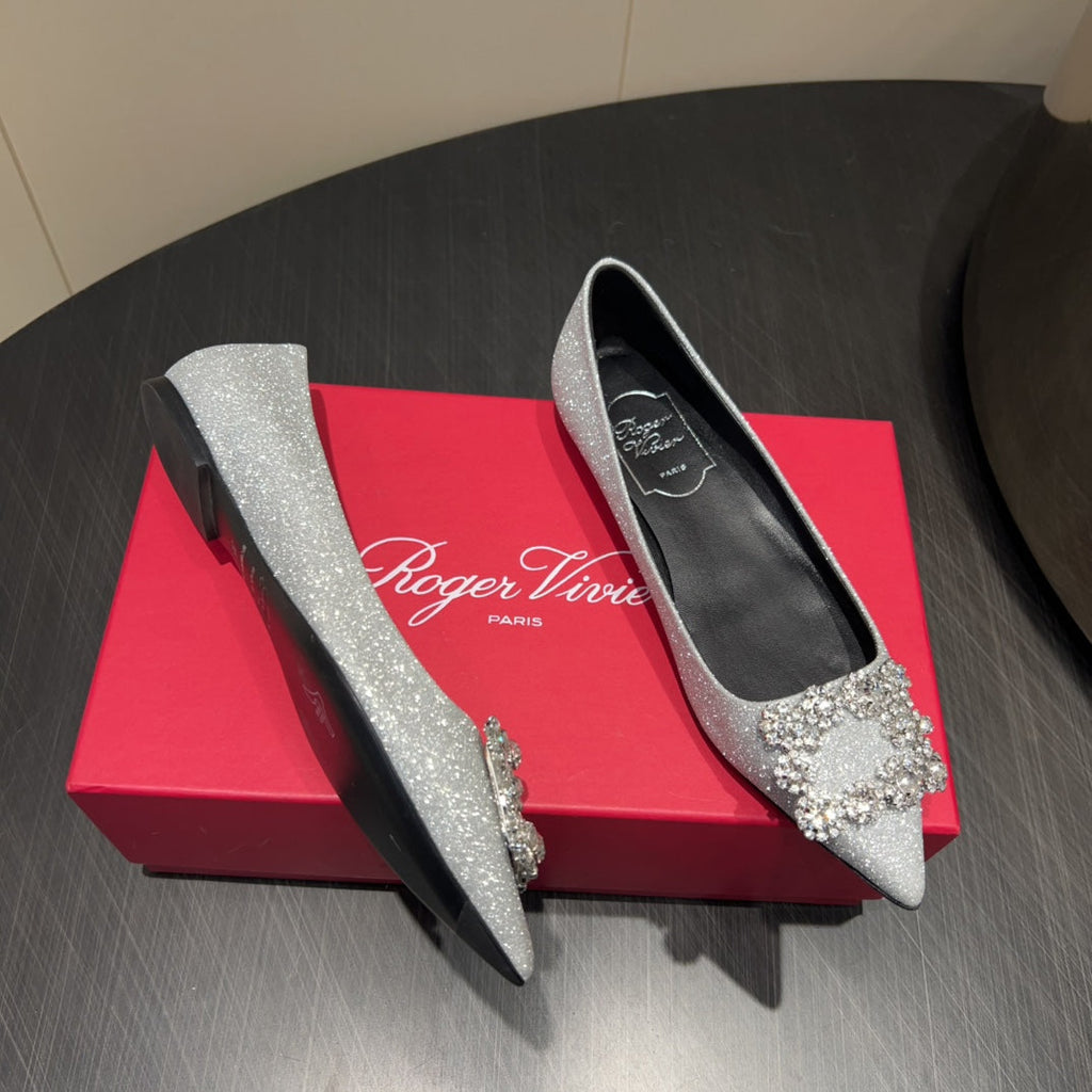 ROGER VIVIER 25S GRETE BALLET FLATS IN BLING SILVER EMBELLISHED CRYSTALS