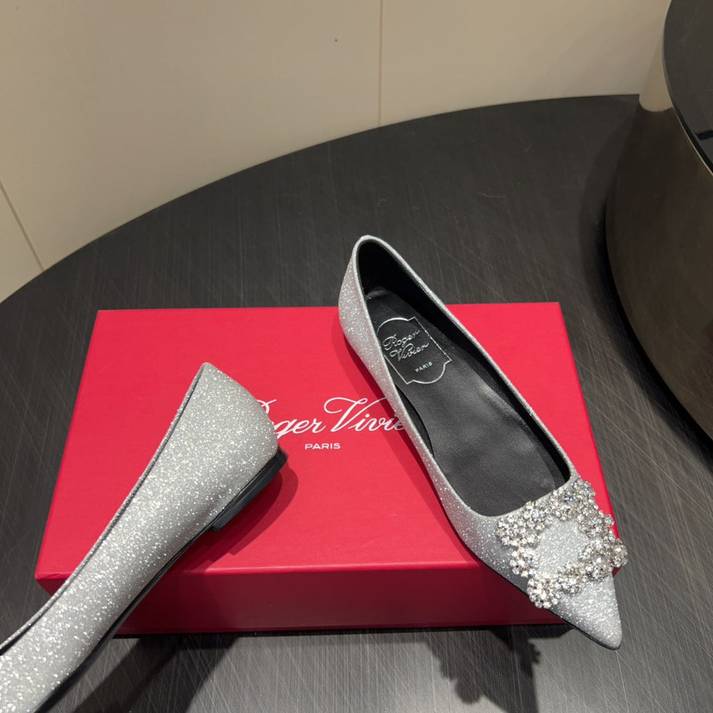 ROGER VIVIER 25S GRETE BALLET FLATS IN BLING SILVER EMBELLISHED CRYSTALS