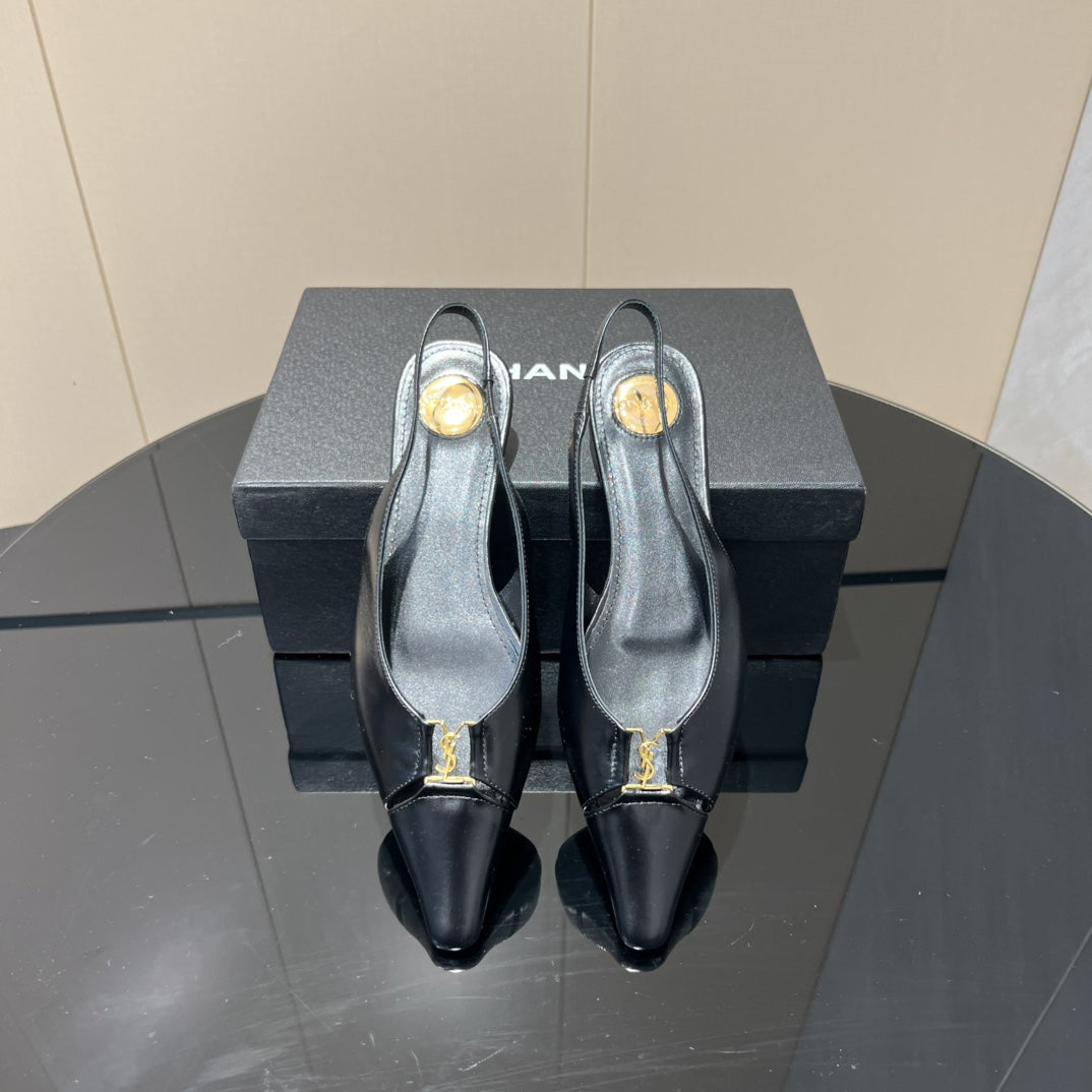 YSL SLINGBACK FLATS 25S IN BLACK LAMBSKIN WITH GOLD HARDWARE