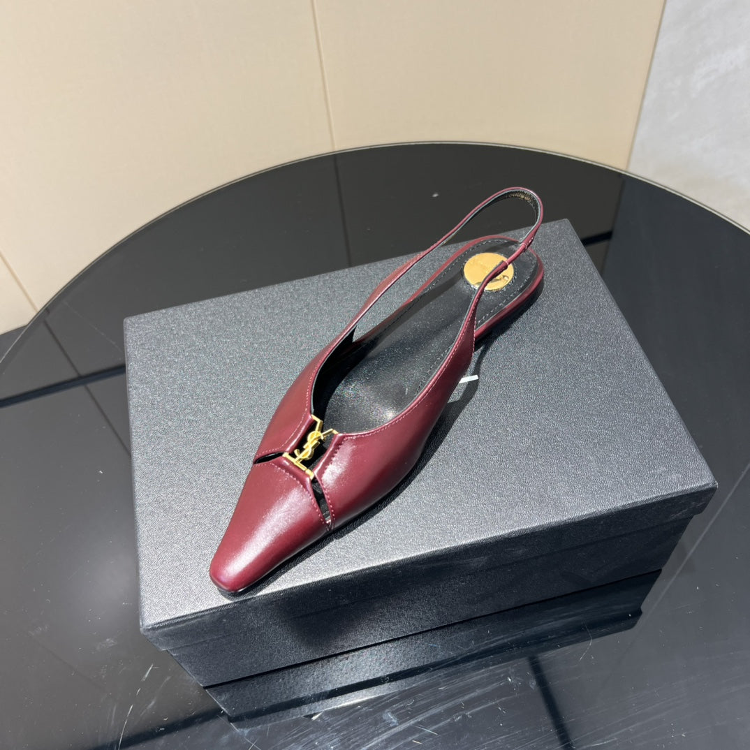 YSL SLINGBACK FLATS 25S IN WINE RED LAMBSKIN WITH GOLD HARDWARE